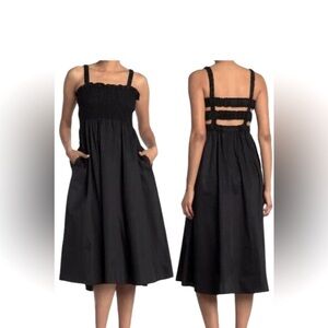 Topshop Shirred/Smocked Cotton Poplin Midi Black Dress M size